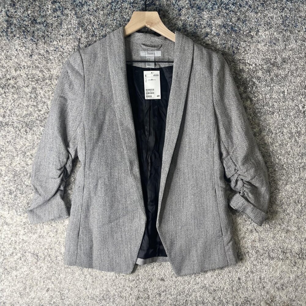 H&M‎ Blazer Womens 8 Gray Herringbone Open Front Ruched Sleeve Lined Office